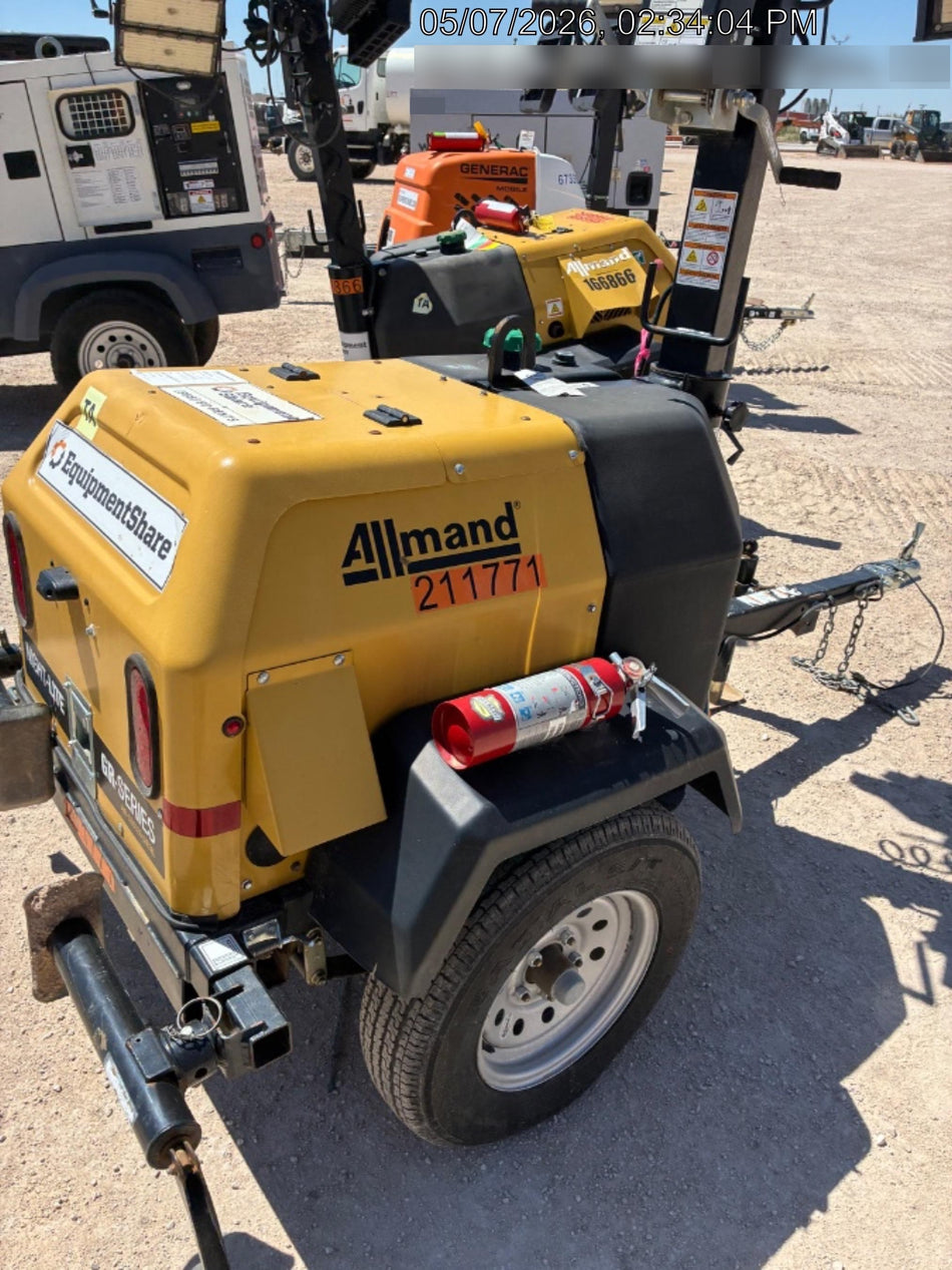 2022 Allmand NLV3GR (4) LED Light Fixture 350W, 23' Vertical Mast, 3kW Prime, Towable, Deep Sea L401, Leveling Jacks, Yanmar T4F 5.8hp