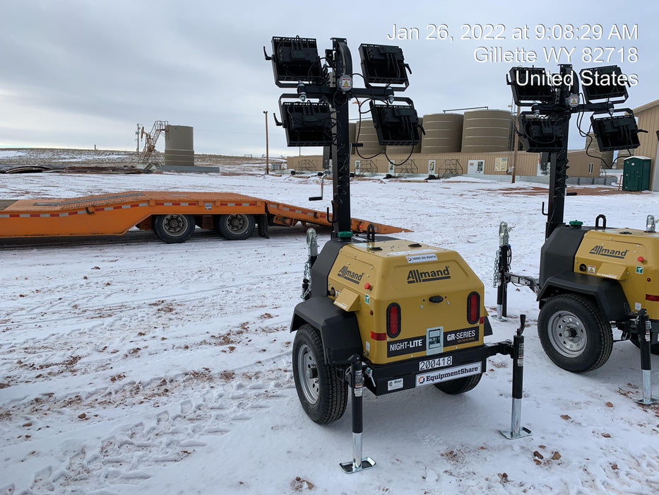 2022 Allmand NLV3GR (4) LED Light Fixture 350W, 23' Vertical Mast, 3kW Prime, Towable, Deep Sea L401, Leveling Jacks, Yanmar T4F 5.8hp