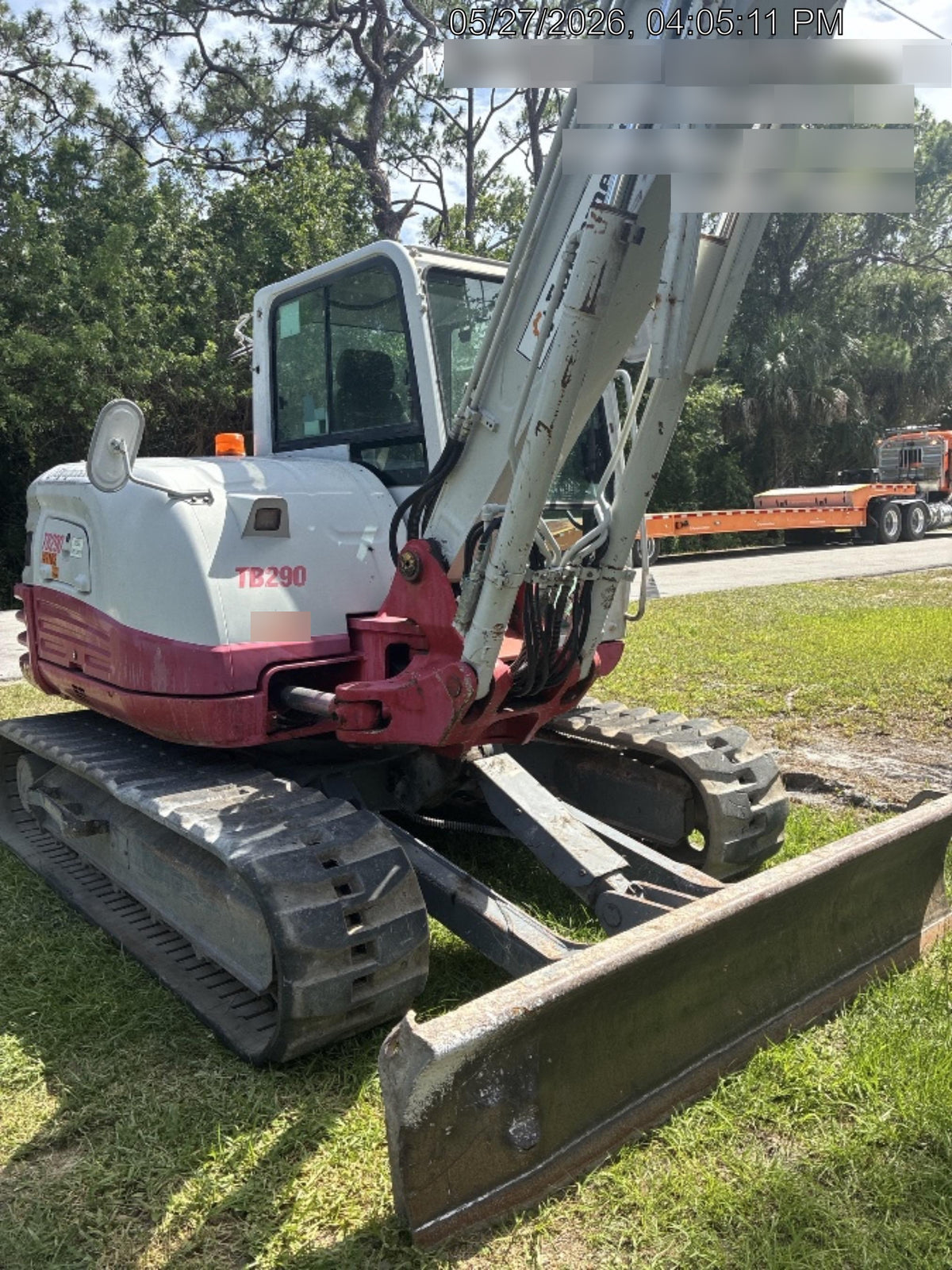 2019 Takeuchi TB290 Cab, AC, Rubber Tracks, Dozer Blade, Travel Alarm, Control Pattern Change Valve, Auxiliary Hydraulics w/18" Quick Coupler Bucket with teeth, 6.2 cu. ft. capacity/24" Quick Coupler Bucket with teeth, 8.6 cu. ft. capacity/36" Quick Coupler Bucket with teeth, 13.4 cu. ft. capacity, Quick Coupler, Hydraulic Thumb Installed