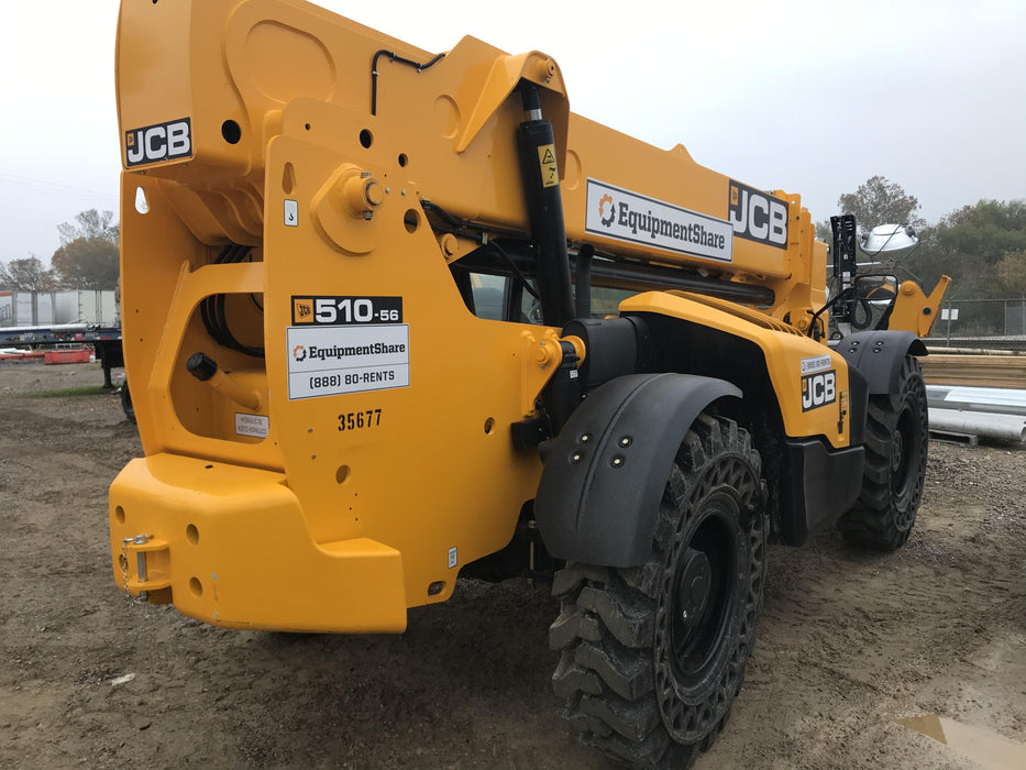 2019 JCB 510-56 Open ROPS, 74 HP, Solid Tires, Worklights, Beacon, Aux Hydraulics, Lifting Eye 66" Carriage/60" Forks