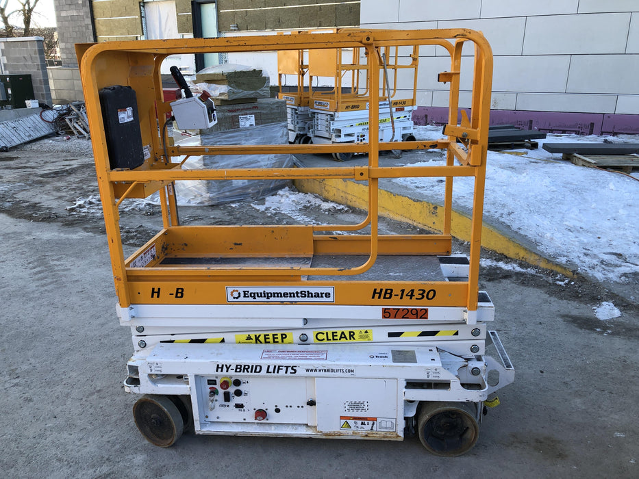 Custom Equipment HB-1430 Hy-Brid Scissor Lift
Platform capacity up to 670 lbs
Working height up to 20 ft
Weighs under 1,700 lbs
Non-marking wheels