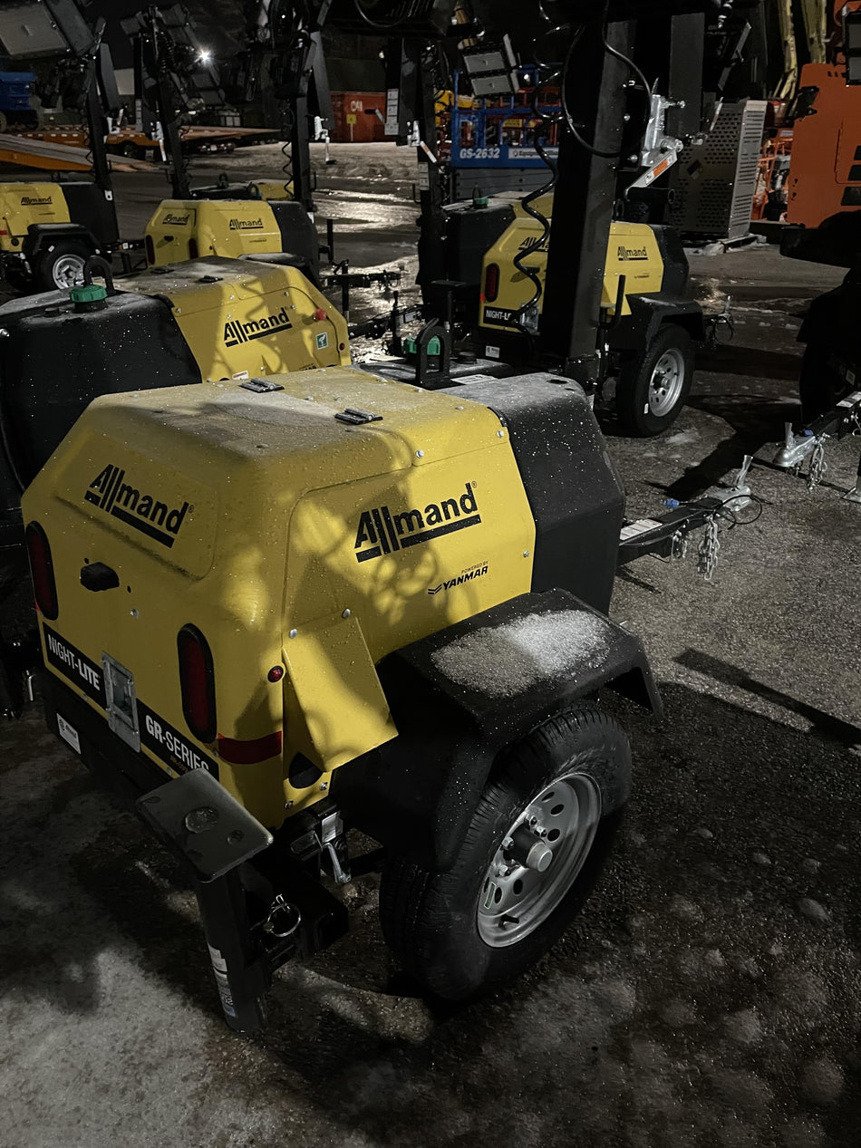 2021 Allmand NLV3GR (4) LED Light Fixture 350W, 23' Vertical Mast, 3kW Prime, Towable, Deep Sea L401, Leveling Jacks, Yanmar T4F 5.8hp