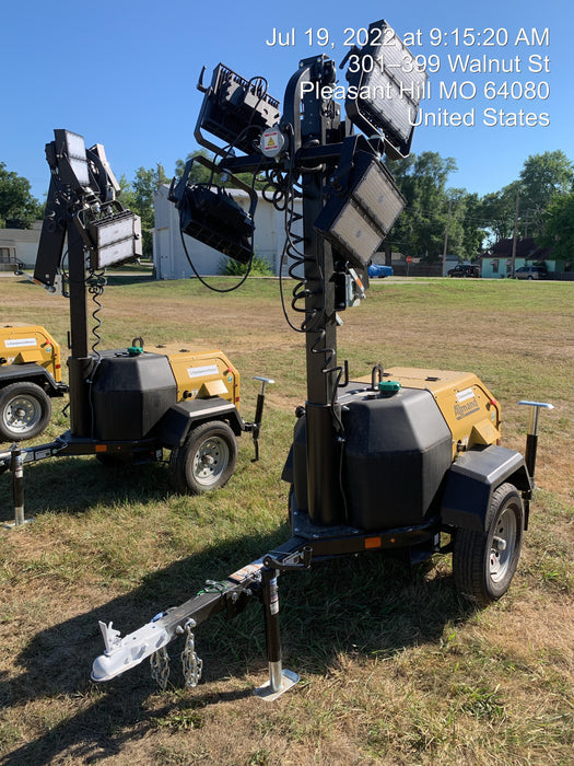 2022 Allmand NLV3GR (4) LED Light Fixture 350W, 23' Vertical Mast, 3kW Prime, Towable, Deep Sea L401, Leveling Jacks, Yanmar T4F 5.8hp