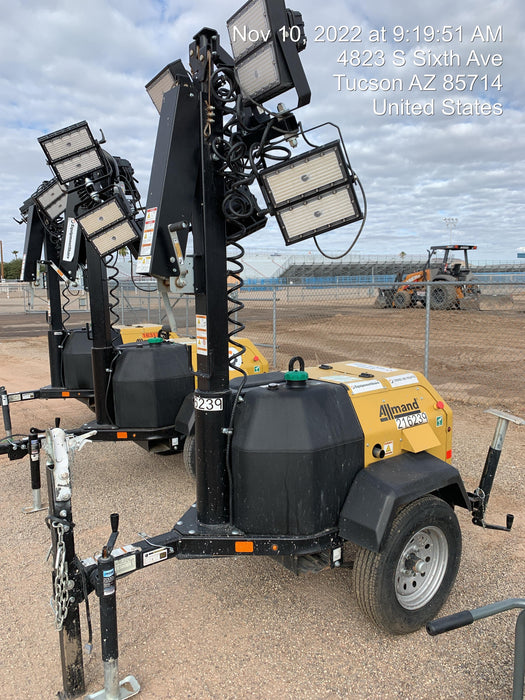 2022 Allmand NLV3GR (4) LED Light Fixture 350W, 23' Vertical Mast, 3kW Prime, Towable, Deep Sea L401, Leveling Jacks, Yanmar T4F 5.8hp