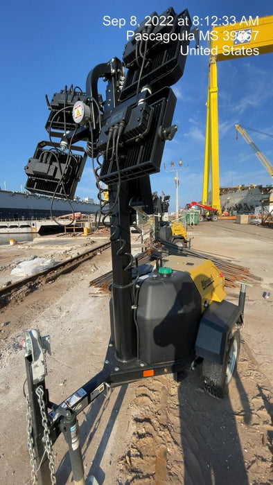 2022 Allmand NLV3GR (4) LED Light Fixture 350W, 23' Vertical Mast, 3kW Prime, Towable, Deep Sea L401, Leveling Jacks, Yanmar T4F 5.8hp