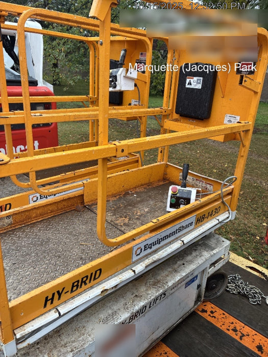 Custom Equipment HB-1430 <ul>
 <li>Hy-Brid Scissor Lift</li>
  <li>Platform capacity up to 670 lbs.</li>
  <li>Working height up to 20 ft</li>
  <li>Weighs under 1,700 lbs.</li>
  <li>Non-marking wheels </li>
</ul>