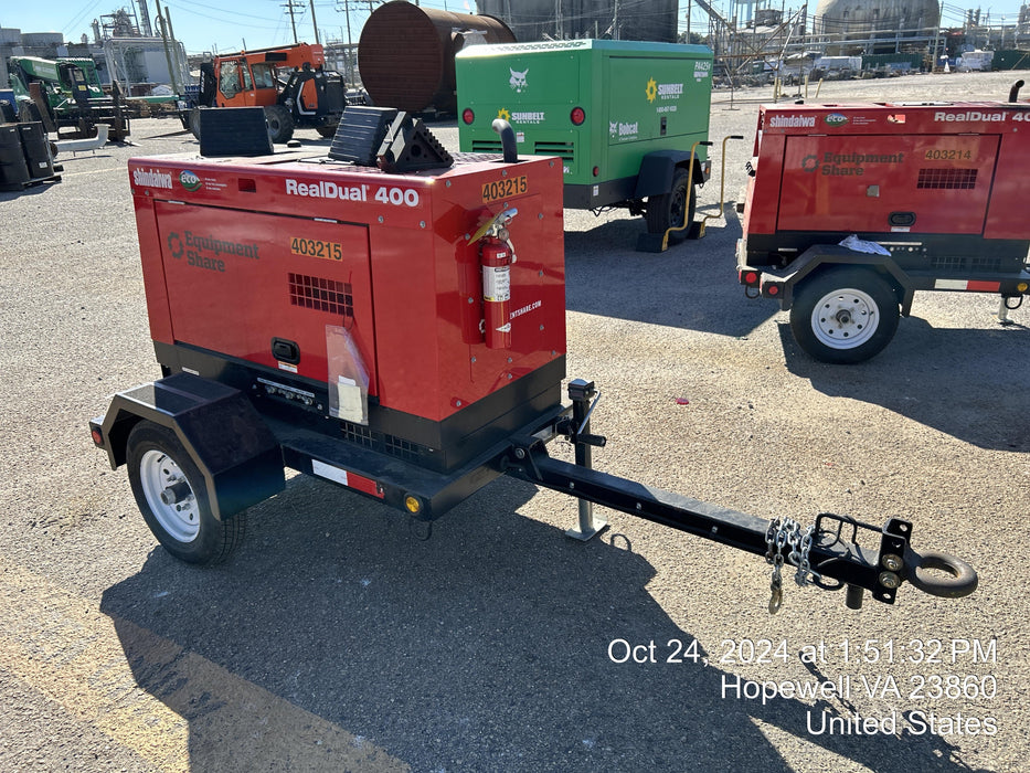 2024 Shindaiwa DGW400MDL Kubota D902 Engine, 23 HP, Dual Op Welder, Wire, Arc, Droop Stick, Tig, and CC Stick Functionality, Simulphase, 3 Phase and 1 Phase Gen Output, Single Axle NB Trlr, Slr Trckl Chrg 12V 12W, Fire Ext