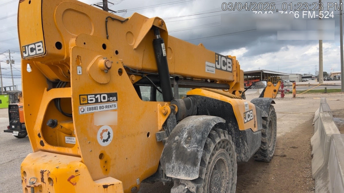 2019 JCB 510-56 Open ROPS, 74 HP, Solid Tires, Worklights, Beacon, Aux Hydraulics, Lifting Eye w/60" Carriage/60" Forks