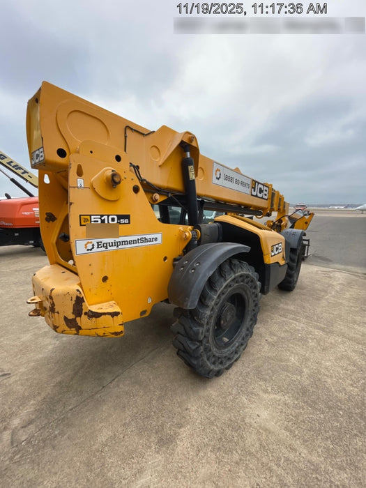 2019 JCB 510-56 Open ROPS, 74 HP, Solid Tires, Worklights, Beacon, Aux Hydraulics, Lifting Eye w/60" Carriage/60" Forks