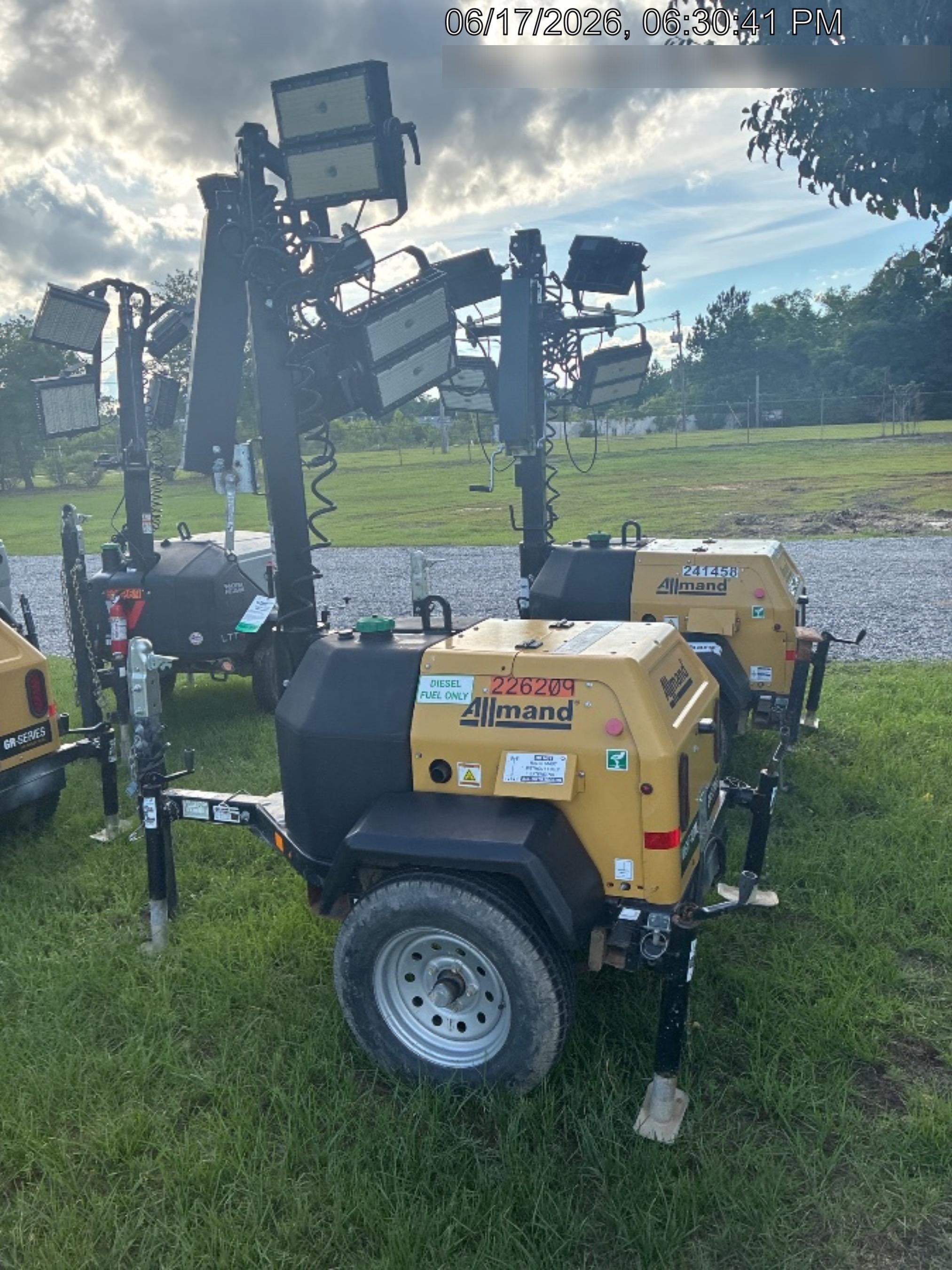 2022 Allmand NLV3GR (4) LED Light Fixture 350W, 23' Vertical Mast, 3kW Prime, Towable, Deep Sea L401, Leveling Jacks, Yanmar T4F 5.8hp