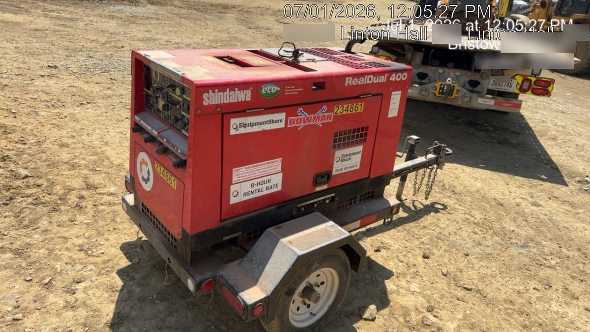 2022 Shindaiwa DGW400MDL Kubota D902 Engine, 23 HP, Dual Op Welder, Wire, Arc, Droop Stick, Tig, and CC Stick Functionality, Simulphase, 3 Phase and 1 Phase Gen Output, Single Axle NB Trlr, Slr Trckl Chrg 12V 12W, Fire Ext
