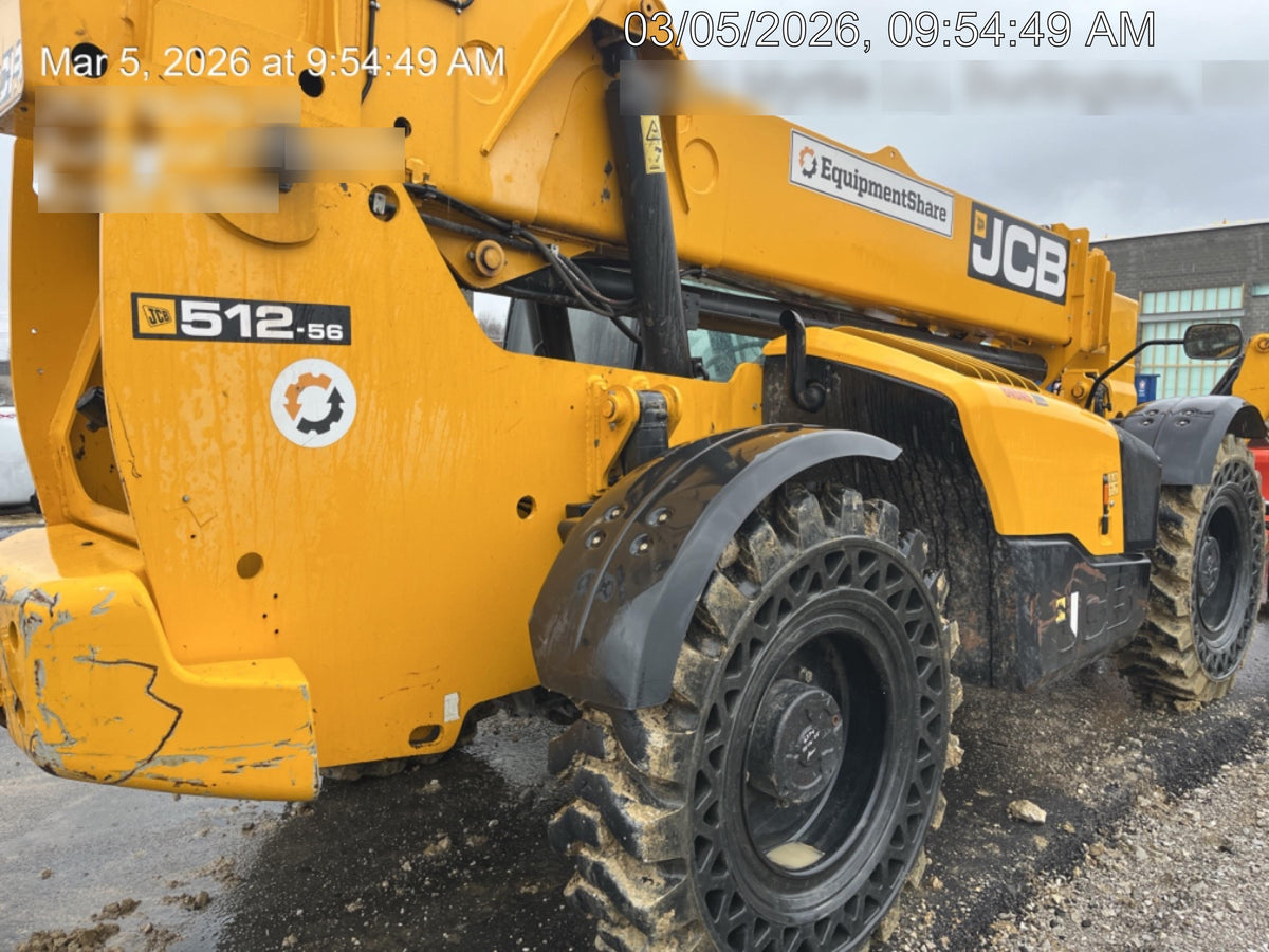 2019 JCB 512-56 Cab/Heat/Air, 109 HP, Solid Tires, STD Worklight, Beacon, Aux Hydraulics, Lifting Eye, Back up Alarm w/66" Carriage/60" Forks