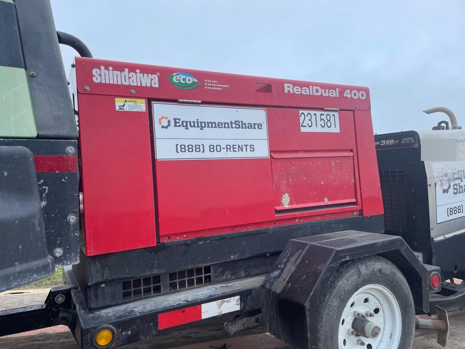 2022 Shindaiwa DGW400MDL Kubota D902 Engine, 23 HP, Dual Op Welder, Wire, Arc, Droop Stick, Tig, and CC Stick Functionality, Simulphase, 3 Phase and 1 Phase Gen Output, Single Axle NB Trlr, Slr Trckl Chrg 12V 12W, Fire Ext