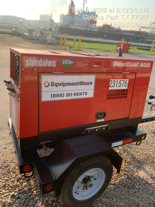 2022 Shindaiwa DGW400MDL Kubota D902 Engine, 23 HP, Dual Op Welder, Wire, Arc, Droop Stick, Tig, and CC Stick Functionality, Simulphase, 3 Phase and 1 Phase Gen Output, Single Axle NB Trlr, Slr Trckl Chrg 12V 12W, Fire Ext