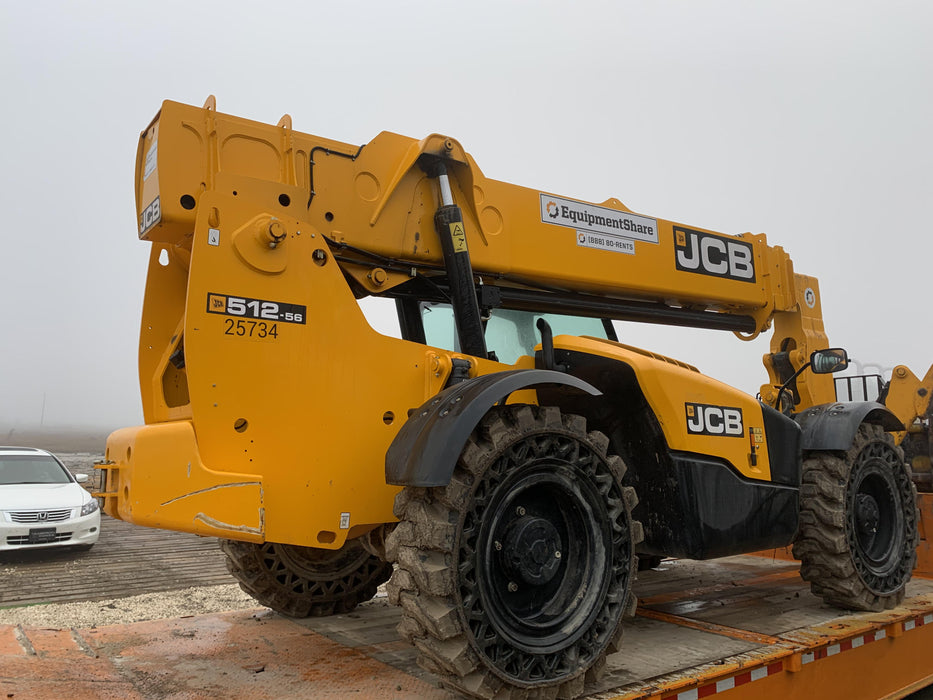 2019 JCB 512-56 109 HP w/CAB/HVAC, Beacon, Aux Hydraulics, Worklights, Solid Tires w/60" Carriage/Forks