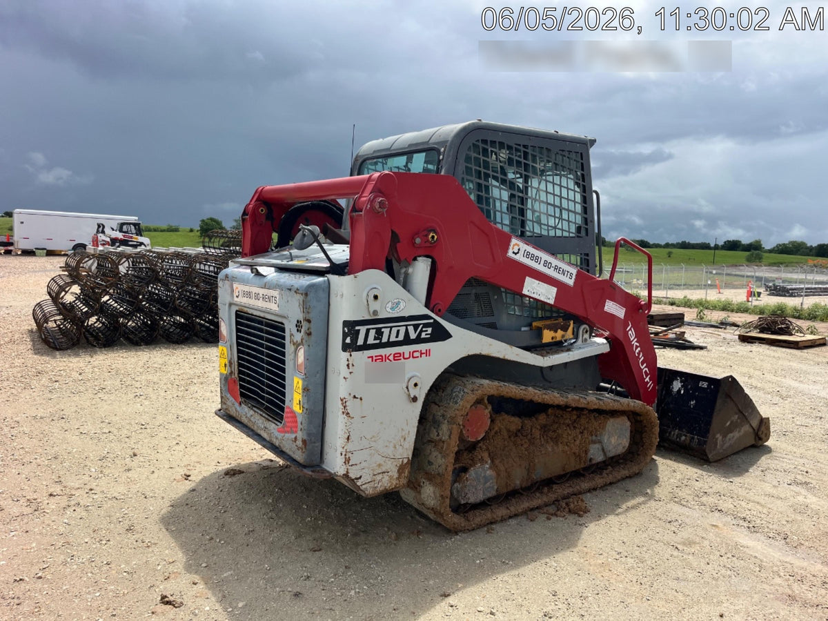 2019 Takeuchi TL10V2-CR Cab/Heat/AC, Rubber Tracks, Backup Alarm, Front & rear working Lights, Auxiliary Hydraulics, 2 Speed Travel, Engine Monitoring System, Hydraulic universal quick hitch w/76" HD smooth dirt bucket with bolt-on edge, 20.3 cubic feet capacity, 48" Pallet forks and frame