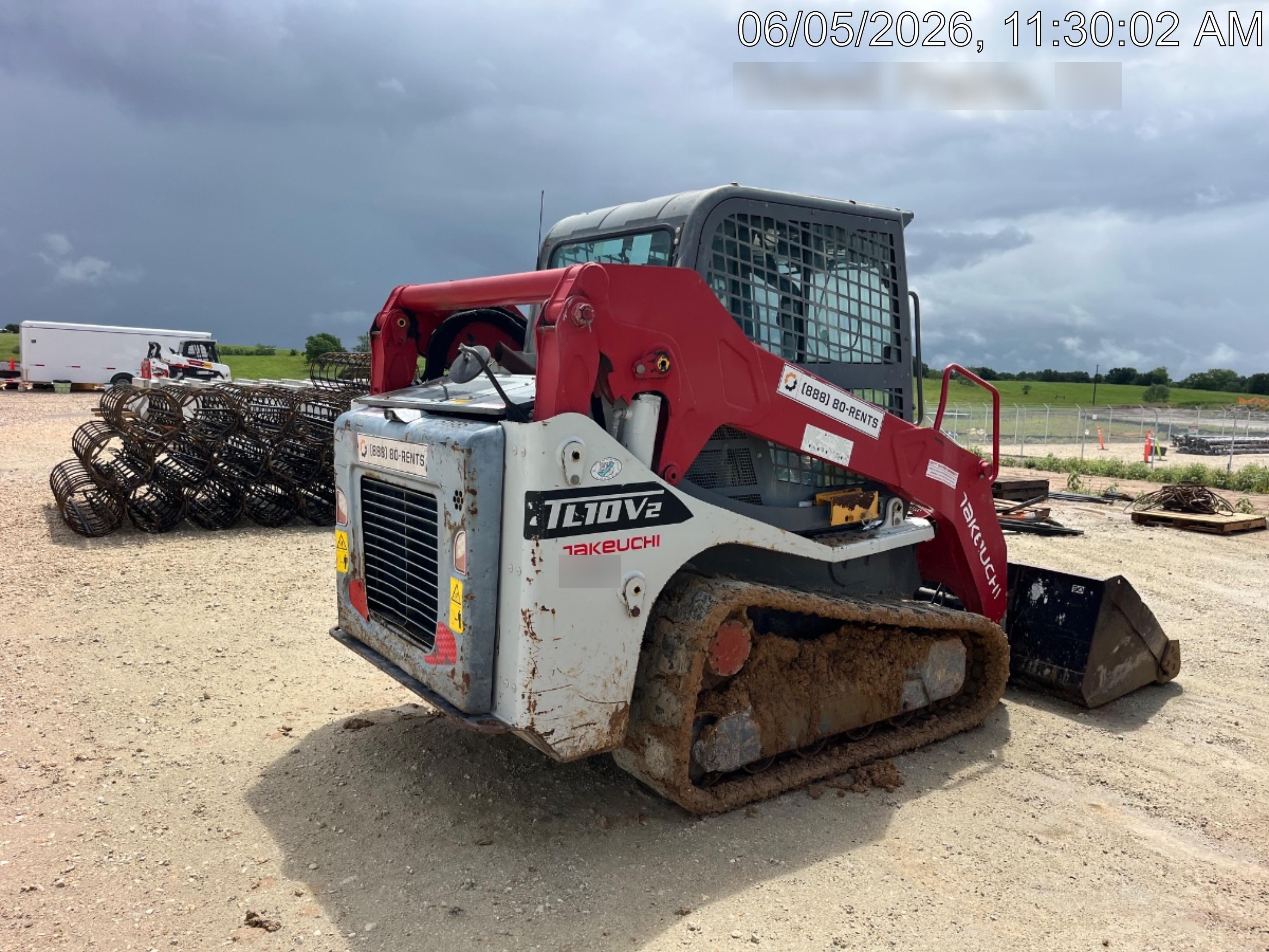 2019 Takeuchi TL10V2-CR Cab/Heat/AC, Rubber Tracks, Backup Alarm, Front & rear working Lights, Auxiliary Hydraulics, 2 Speed Travel, Engine Monitoring System, Hydraulic universal quick hitch w/76" HD smooth dirt bucket with bolt-on edge, 20.3 cubic feet capacity, 48" Pallet forks and frame