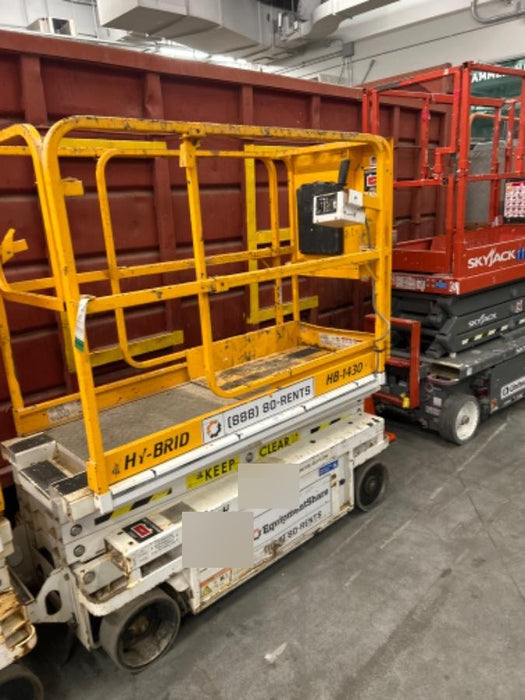 Custom Equipment HB-1430 <ul>
 <li>Hy-Brid Scissor Lift</li>
  <li>Platform capacity up to 670 lbs.</li>
  <li>Working height up to 20 ft</li>
  <li>Weighs under 1,700 lbs.</li>
  <li>Non-marking wheels </li>
</ul>