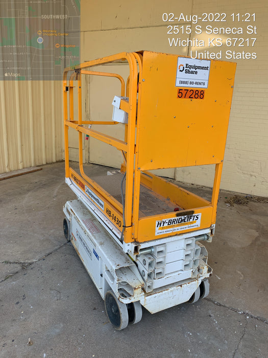 Custom Equipment HB-1430 Hy-Brid Scissor Lift
Platform capacity up to 670 lbs
Working height up to 20 ft
Weighs under 1,700 lbs
Non-marking wheels