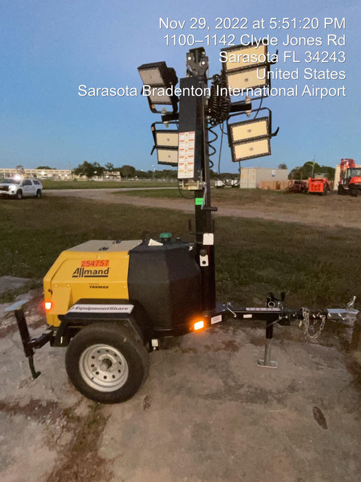 2022 Allmand NLV3GR (4) LED Light Fixture 350W, 23' Vertical Mast, 3kW Prime, Towable, Deep Sea L401, Leveling Jacks, Yanmar T4F 5.8hp