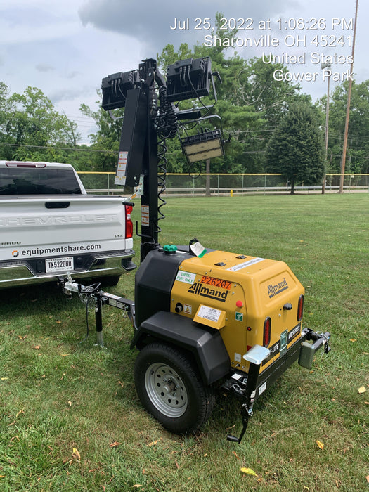 2022 Allmand NLV3GR (4) LED Light Fixture 350W, 23' Vertical Mast, 3kW Prime, Towable, Deep Sea L401, Leveling Jacks, Yanmar T4F 5.8hp