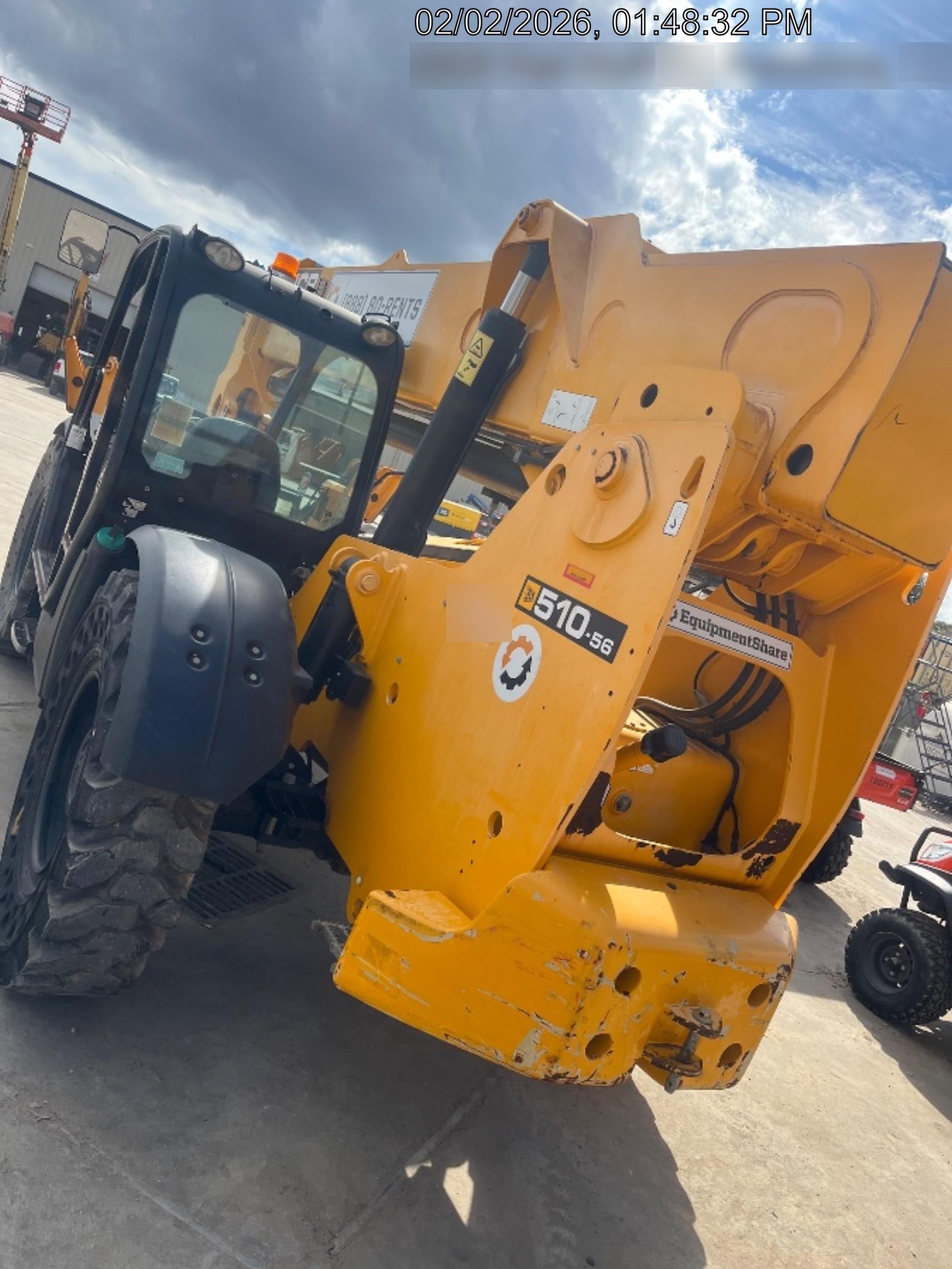 2019 JCB 510-56 Open ROPS, 74 HP, Solid Tires, Worklights, Beacon, Aux Hydraulics, Lifting Eye w/66" Carriage/60" Forks