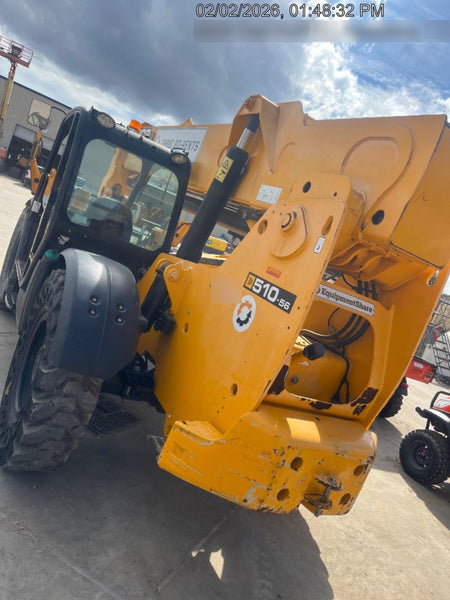 2019 JCB 510-56 Open ROPS, 74 HP, Solid Tires, Worklights, Beacon, Aux Hydraulics, Lifting Eye w/66" Carriage/60" Forks