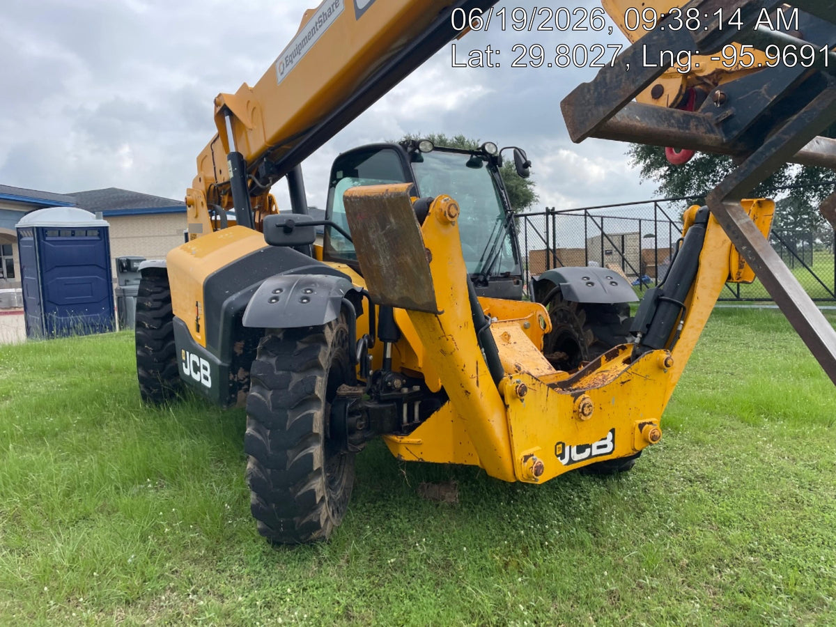 2019 JCB 510-56 Enclosed Cab, 74 HP, Solid Tires, Worklights, Beacon, Aux Hydraulics, Lifting Eye w/66" Carriage/60" Forks