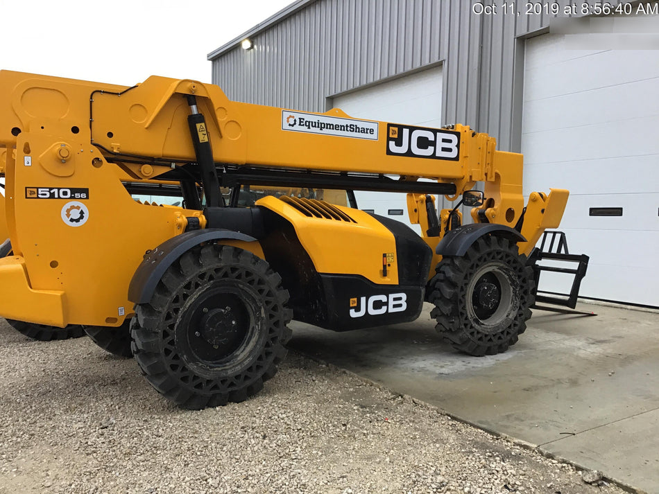 2019 JCB 510-56 Open ROPS, 74 HP, Solid Tires, Worklights, Beacon, Aux Hydraulics, Lifting Eye w/66" Carriage/60" Forks