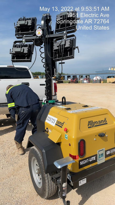 2022 Allmand NLV3GR (4) LED Light Fixture 350W, 23' Vertical Mast, 3kW Prime, Towable, Deep Sea L401, Leveling Jacks, Yanmar T4F 5.8hp