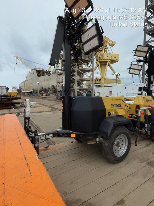 2022 Allmand NLV3GR (4) LED Light Fixture 350W, 23' Vertical Mast, 3kW Prime, Towable, Deep Sea L401, Leveling Jacks, Yanmar T4F 5.8hp