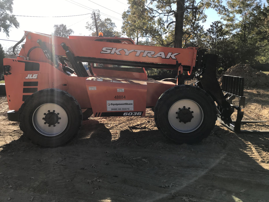 2019 Skytrak 6036 Cab/Heat/Air, Solid Tires, LED Work Lights, Beacon w/50" Carriage, 48" Pallet Forks