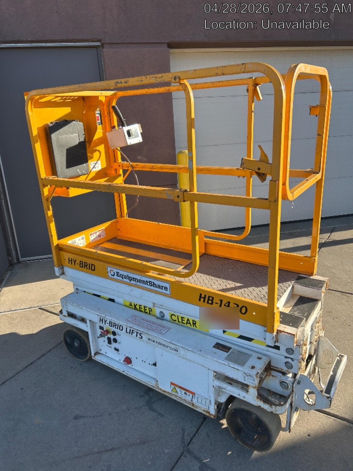 Custom Equipment HB-1430 <ul>
 <li>Hy-Brid Scissor Lift</li>
  <li>Platform capacity up to 670 lbs.</li>
  <li>Working height up to 20 ft</li>
  <li>Weighs under 1,700 lbs.</li>
  <li>Non-marking wheels </li>
</ul>