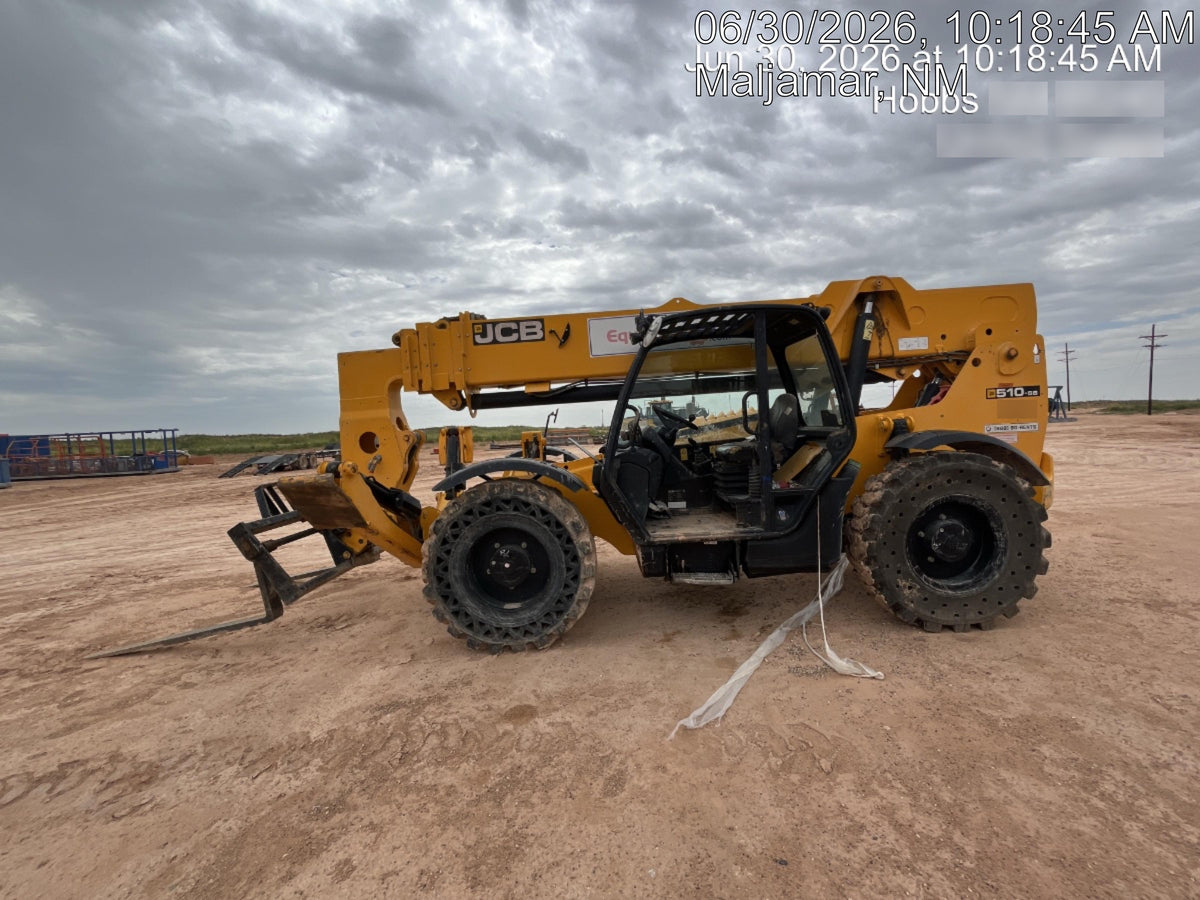 2019 JCB 510-56 74 HP w/Open ROPS, Beacon, Aux Hydraulics, Worklights, Solid Tires w/60" Carriage/Forks