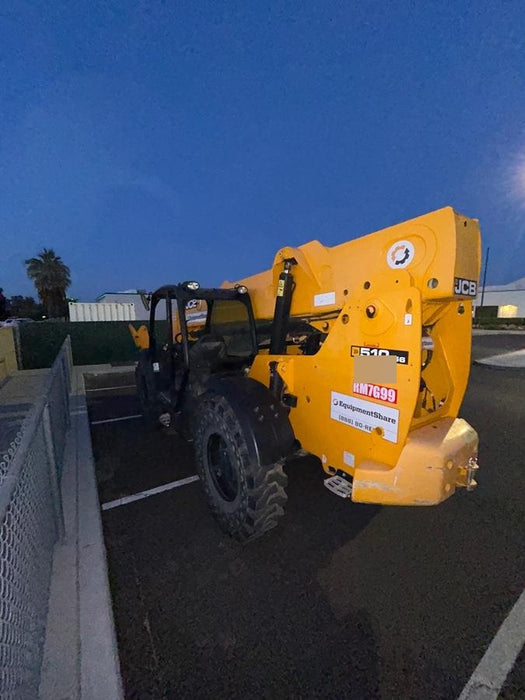 2019 JCB 510-56 74 HP w/Open ROPS, Beacon, Aux Hydraulics, Worklights, Solid Tires w/60" Carriage/Forks