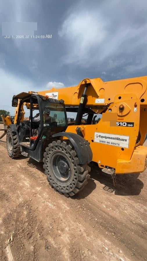 2019 JCB 510-56 74 HP w/Open ROPS, Beacon, Aux Hydraulics, Worklights, Solid Tires w/60" Carriage/Forks