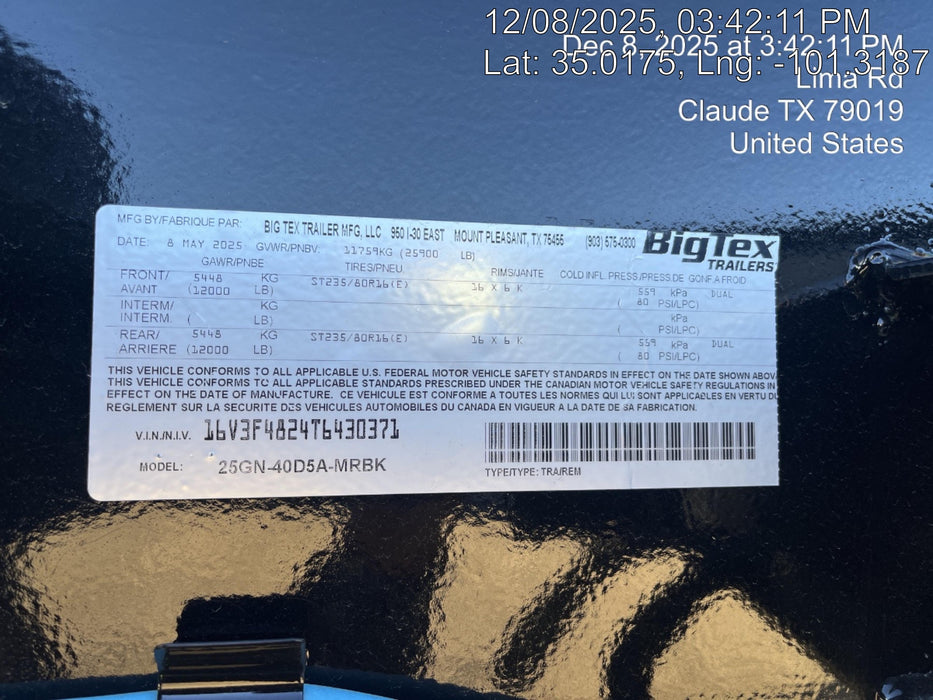 2025 BIG TEX TRAILER 25GN-40D5A-MRBK