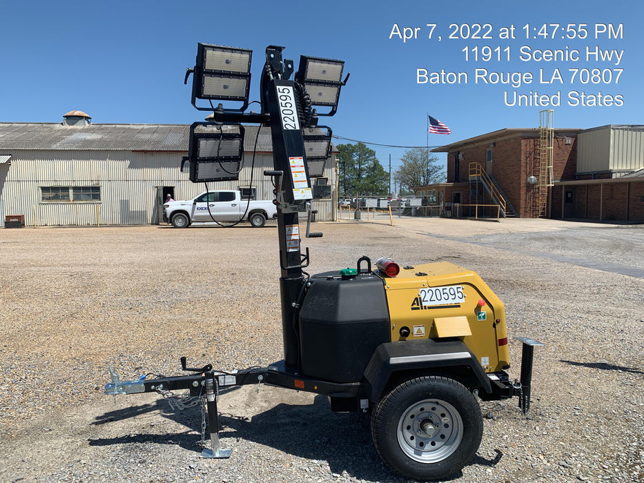 2022 Allmand NLV3GR (4) LED Light Fixture 350W, 23' Vertical Mast, 3kW Prime, Towable, Deep Sea L401, Leveling Jacks, Yanmar T4F 5.8hp