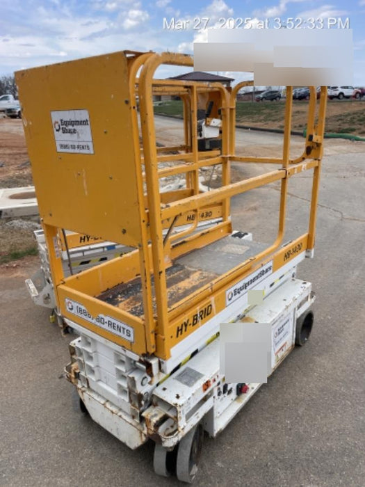 Custom Equipment HB-1430 <ul>
 <li>Hy-Brid Scissor Lift</li>
  <li>Platform capacity up to 670 lbs.</li>
  <li>Working height up to 20 ft</li>
  <li>Weighs under 1,700 lbs.</li>
  <li>Non-marking wheels </li>
</ul>