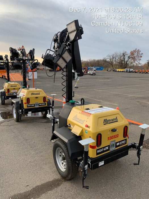 2021 Allmand NLV3GR (4) LED Light Fixture 350W, 23' Vertical Mast, 3kW Prime, Towable, Deep Sea L401, Leveling Jacks, Yanmar T4F 5.8hp