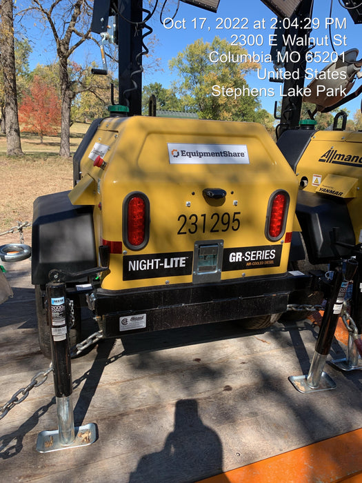 2022 Allmand NLV3GR (4) LED Light Fixture 350W, 23' Vertical Mast, 3kW Prime, Towable, Deep Sea L401, Leveling Jacks, Yanmar T4F 5.8hp