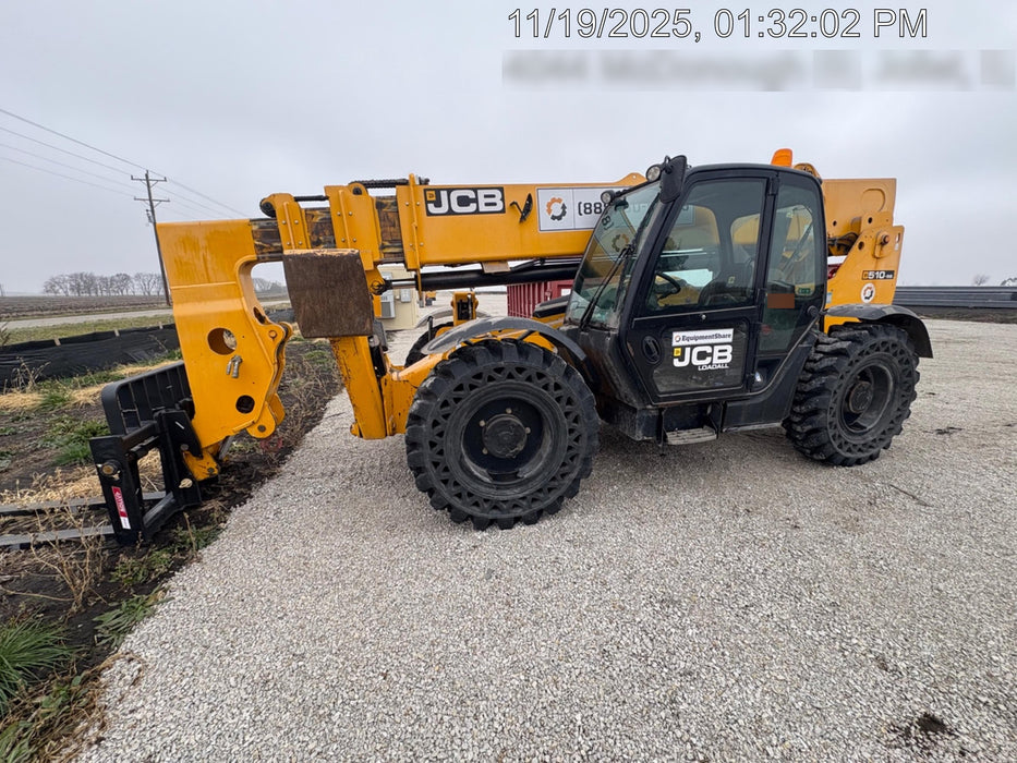 2020 JCB 510-56 Cab/Heat/Air, 74 HP, Solid Tires, STD Worklight, Beacon, Aux Hydraulics, Lifting Eye, Back up Alarm w/66" Carriage/60" Forks