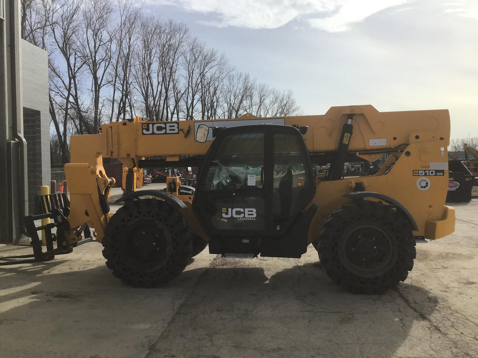 2020 JCB 510-56 Cab/Heat/Air, 74 HP, Solid Tires, STD Worklight, Beacon, Aux Hydraulics, Lifting Eye, Back up Alarm w/66" Carriage/60" Forks