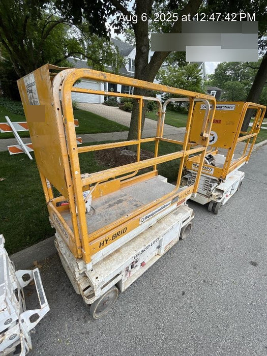 Custom Equipment HB-1430 <ul>
 <li>Hy-Brid Scissor Lift</li>
  <li>Platform capacity up to 670 lbs.</li>
  <li>Working height up to 20 ft</li>
  <li>Weighs under 1,700 lbs.</li>
  <li>Non-marking wheels </li>
</ul>