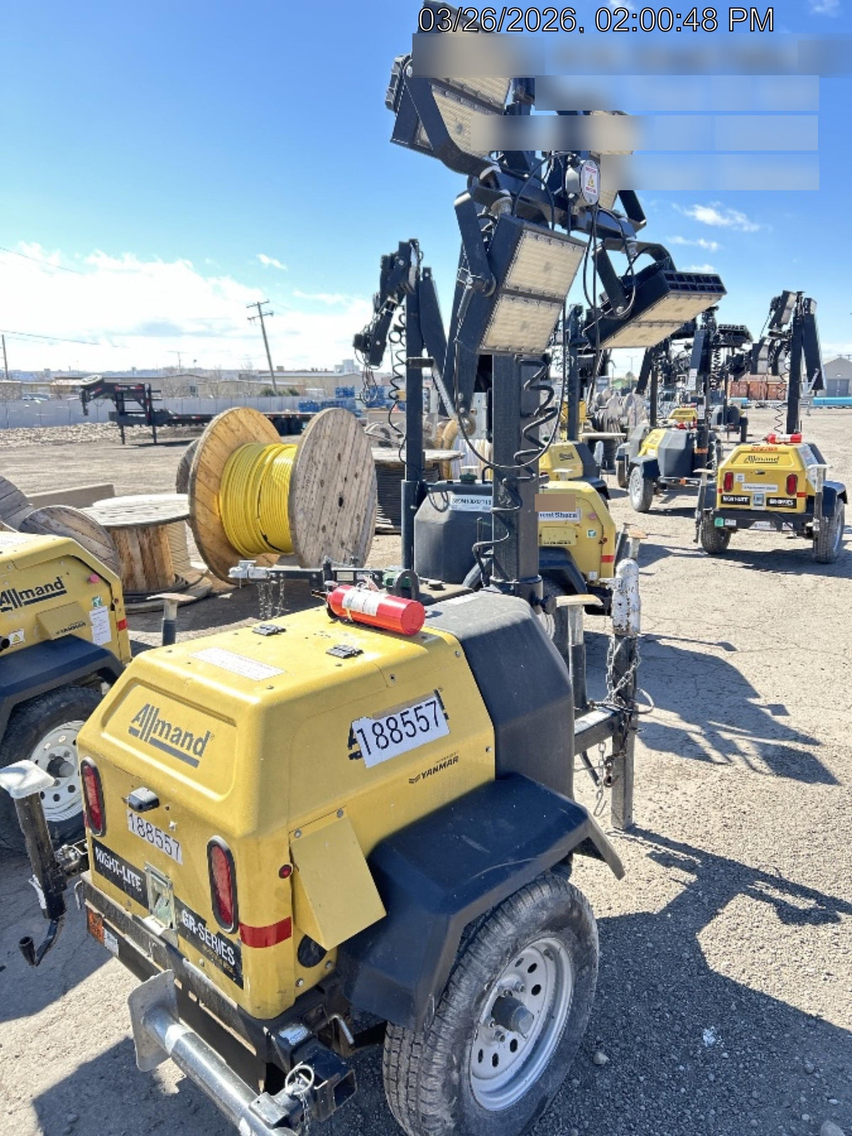 Allmand NLV3GR (4) LED Light Fixture 350W, 23' Vertical Mast, 3kW Prime, Towable, Deep Sea L401, Leveling Jacks, Yanmar T4F 5.8hp