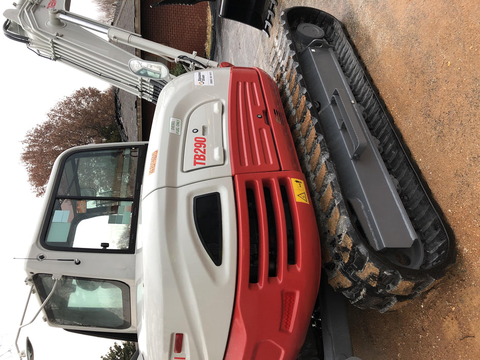 2019 Takeuchi TB290 Cab, AC, Rubber Tracks, Dozer Blade, Travel Alarm, Control Pattern Change Valve, Auxiliary Hydraulics w/18" Quick Coupler Bucket with teeth, 6.2 cu. ft. capacity/24" Quick Coupler Bucket with teeth, 8.6 cu. ft. capacity/36" Quick Coupler Bucket with teeth, 13.4 cu. ft. capacity, Quick Coupler, Hydraulic Thumb Installed