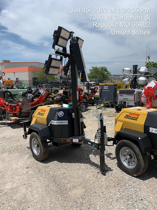 2022 Allmand NLV3GR (4) LED Light Fixture 350W, 23' Vertical Mast, 3kW Prime, Towable, Deep Sea L401, Leveling Jacks, Yanmar T4F 5.8hp