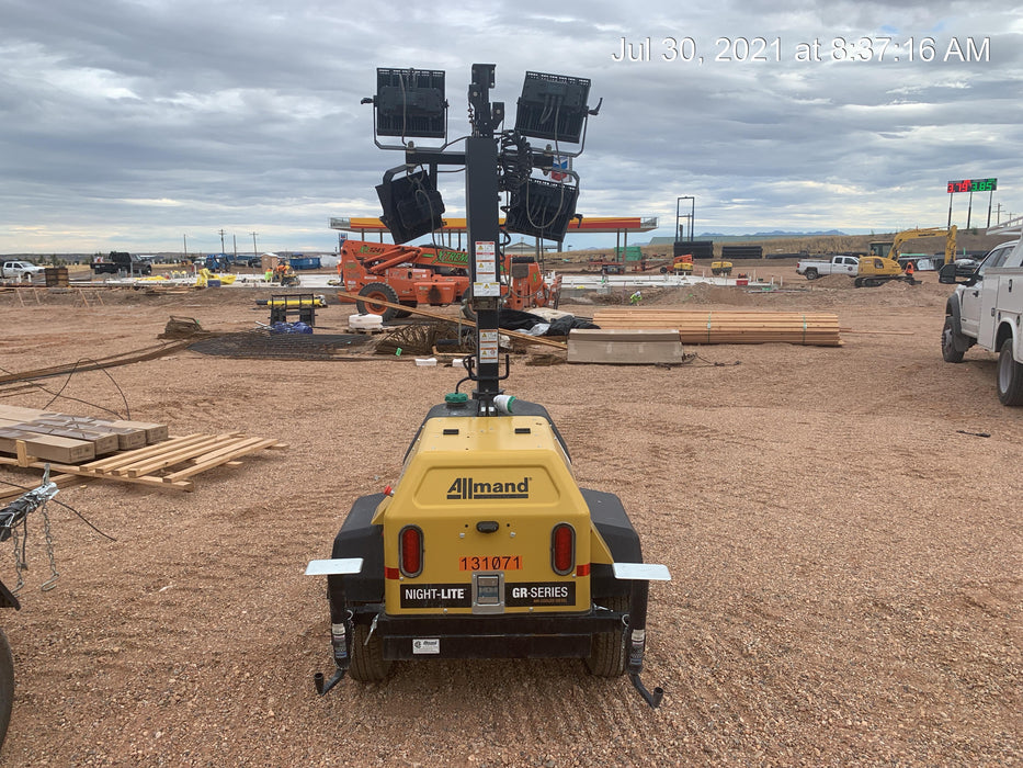 2021 Allmand NLV3GR (4) LED Light Fixture 350W, 23' Vertical Mast, 3kW Prime, Towable, Deep Sea L401, Leveling Jacks, Yanmar T4F 5.8hp