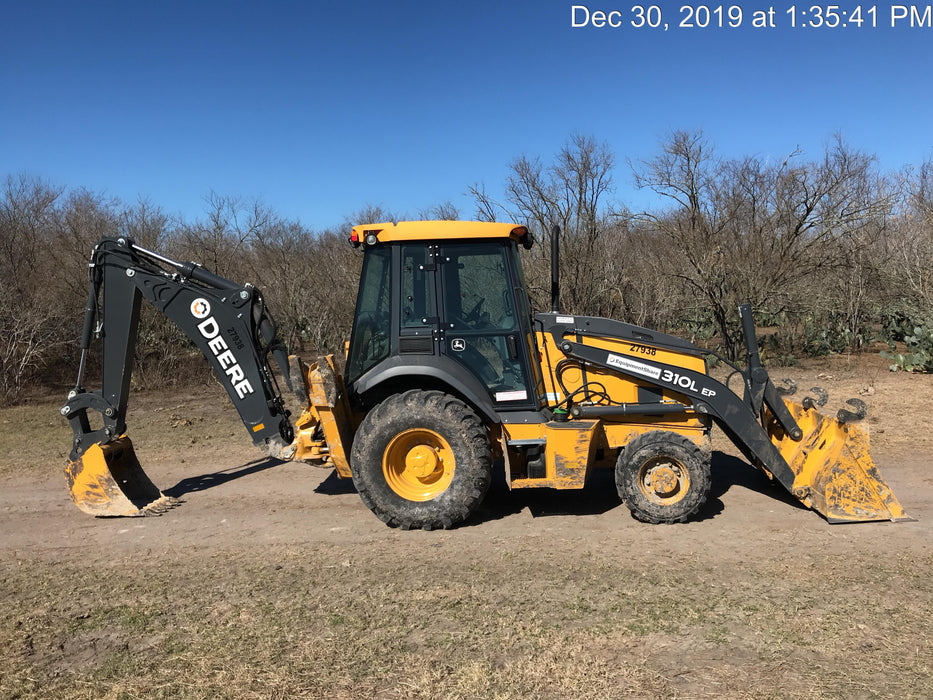 2019 John Deere 310LEP 4wd, Cab/Heat/Air, Standard dipper, ISO, Rear Auxiliary Hydraulics, Manual QC w/12”, 18”, and 24” buckets