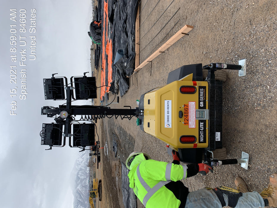 Allmand NLV3GR (4) LED Light Fixture 350W, 23' Vertical Mast, 3kW Prime, Towable, Deep Sea L401, Leveling Jacks, Yanmar T4F 5.8hp